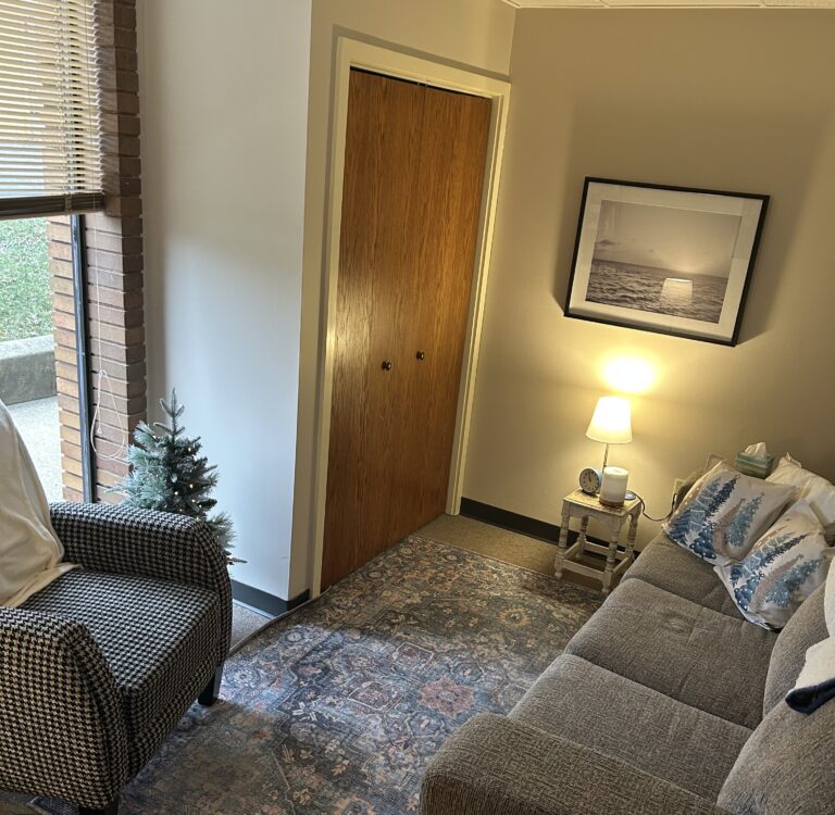 Sharon's office featuring a chair, couch, rug and gray palette.